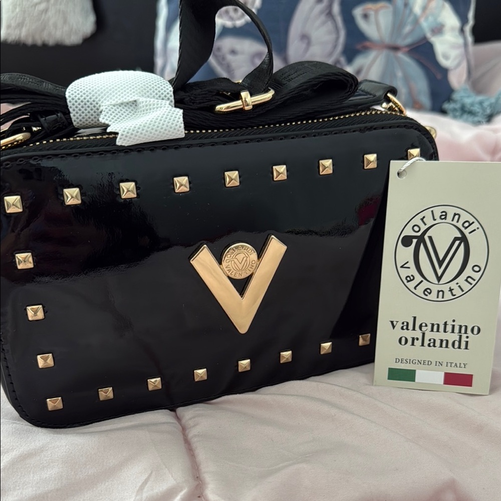 Valentino Orlandi Black patent leather Crossbody Bag with Gold Pyramid Studs!